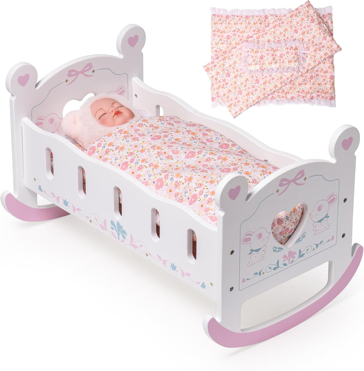 ROBOTIME pink and white wooden baby doll high chair for 18 inch dolls - view 2