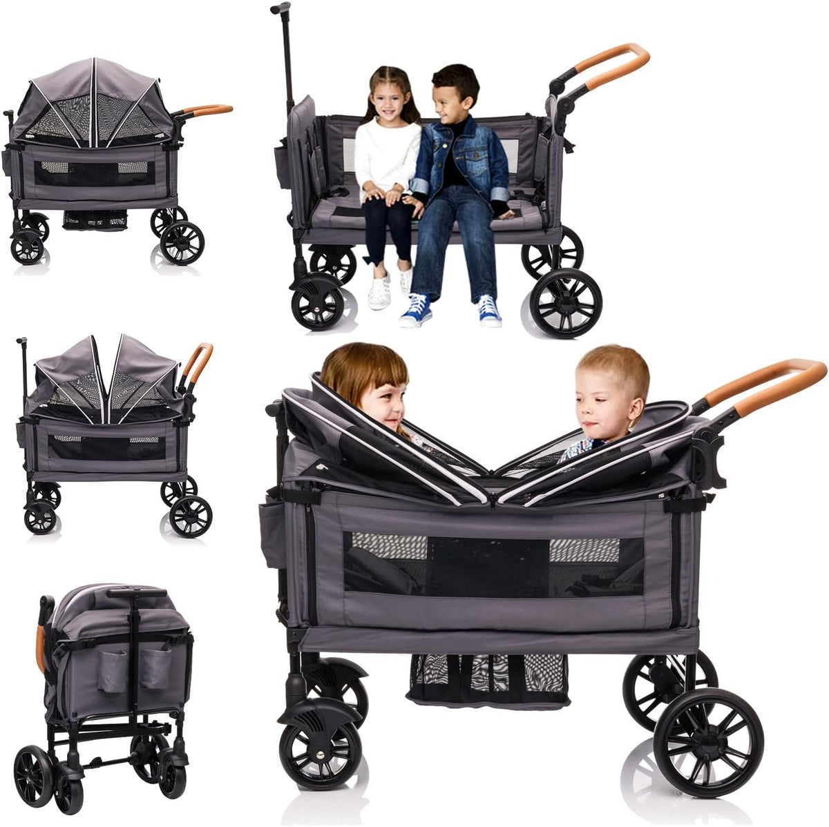 MRZLB Luxury Wagon Stroller for 2 Kids & Cargo-Lightweight Travel - Light Grey