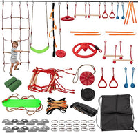 Slsy 60FT Ninja Warrior Obstacle Course (13 Obstacles), Ninja Slackline Kit for Kids, Durable Playset Equipment with 13 Most Complete Set-Monkey Bar,Swing, Balance Belt, Climbing Ladder & Net