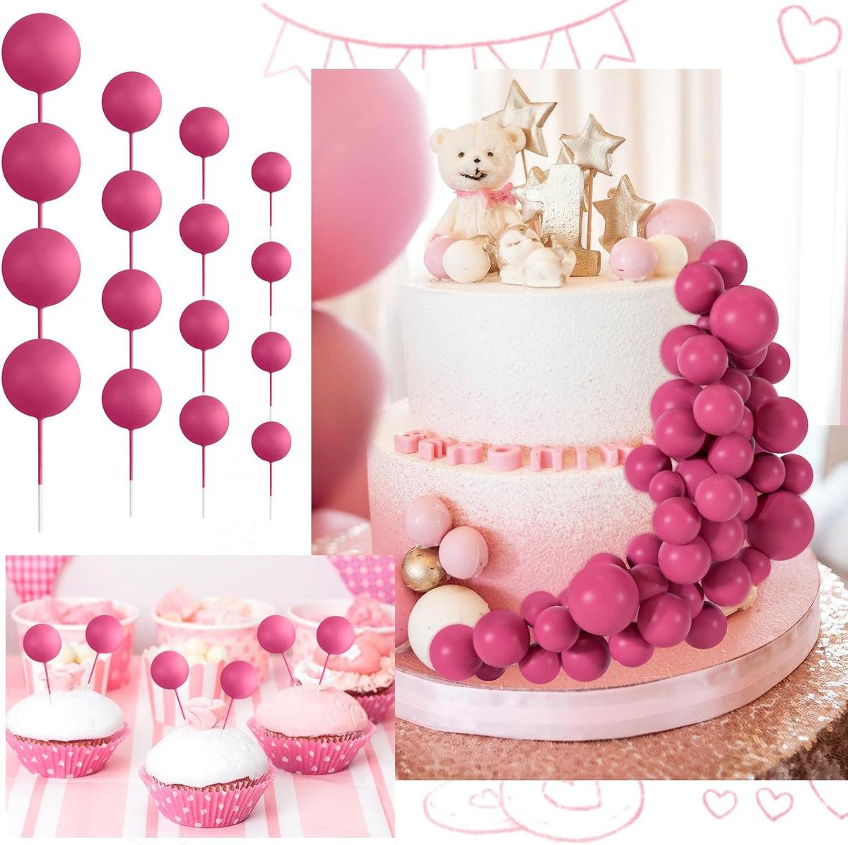 48 Pcs Balls Cake Topper Decorations Balloon Cupcake Toppers Foam - B07-hot Pink - image 4