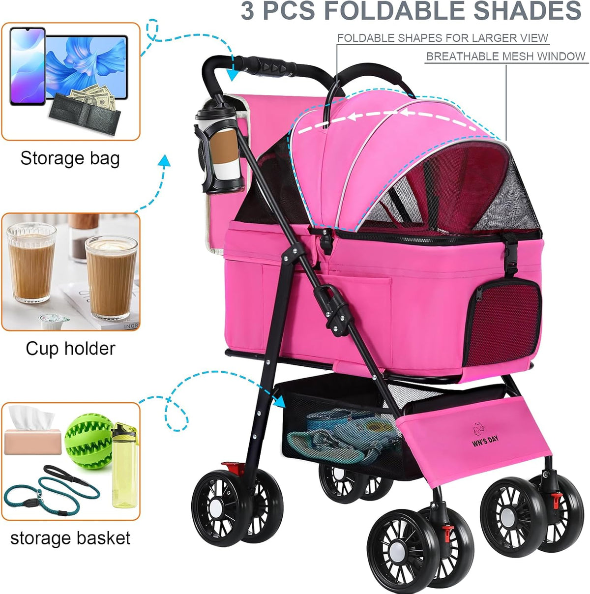 3 in 1 Pet Dog Stroller for Small Medium Dogs 10-50 lbs - Pink - image 4