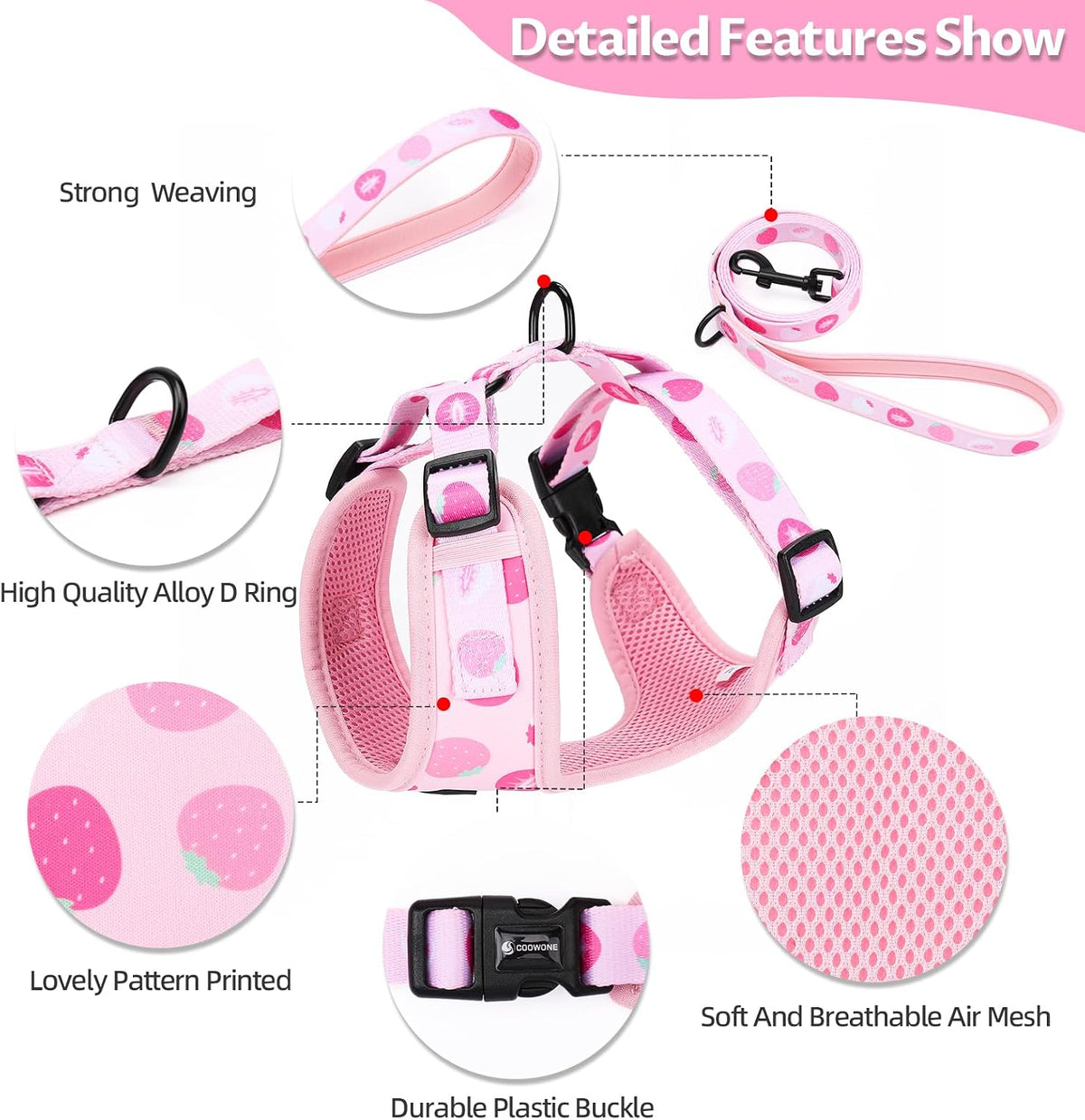 Dog Harness and Leash Set, Adjustable Dog Harness, Dog Leash - Strawberries / S(Chest 13 - 19", Neck 9.5 - 13.1") - image 4