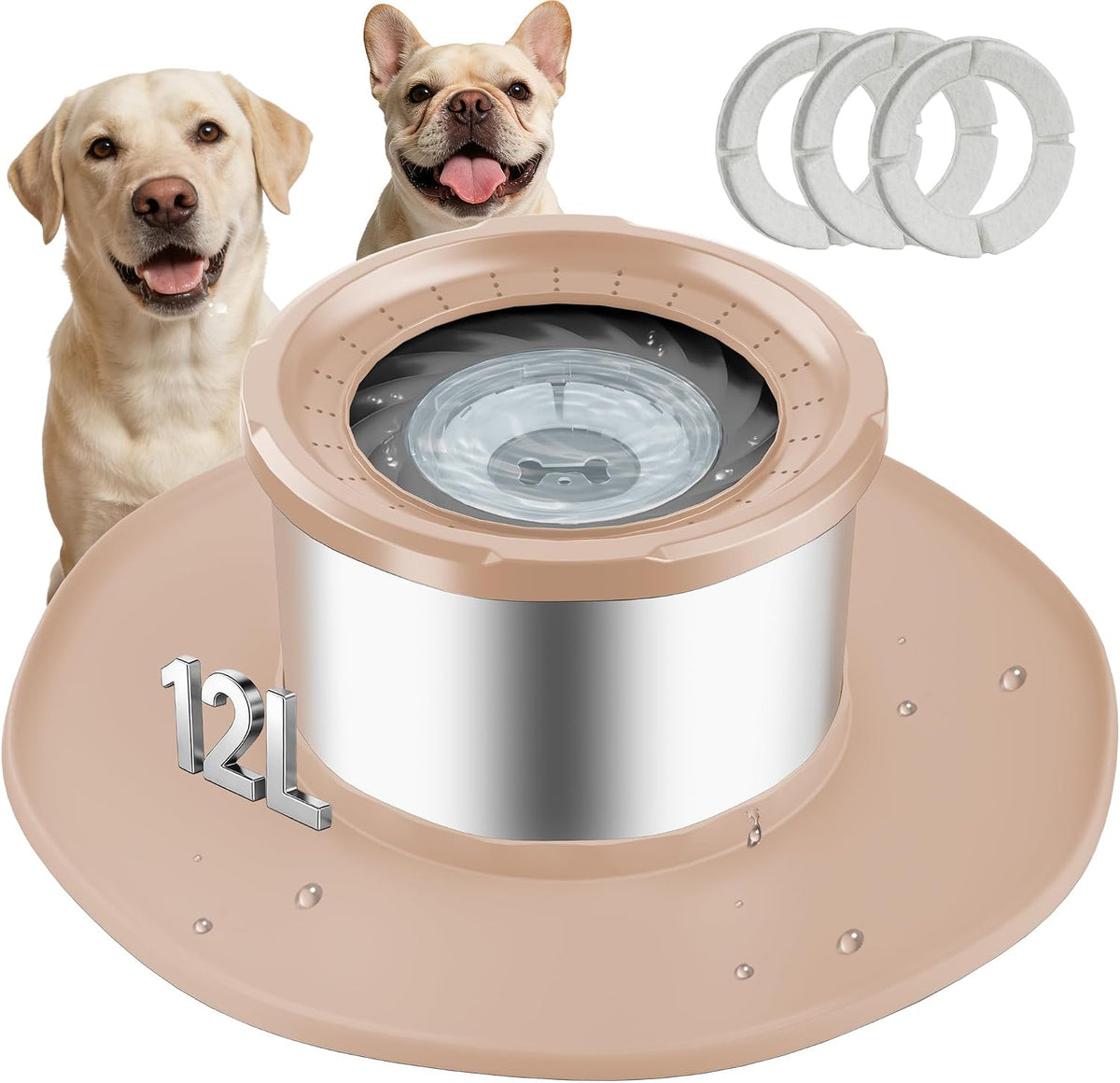 12L No Spill Stainless Steel Dog Water Bowl for Large Dogs – Essentials for Dogs - Beige
