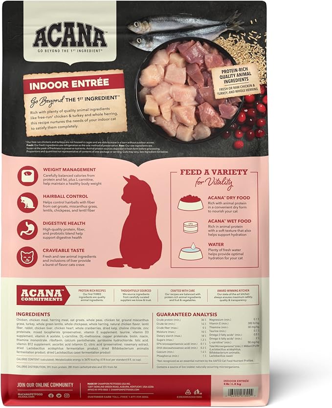 ACANA Indoor Entree Dry Cat Food, Free Run Chicken and Turkey Recipe, 4 lb