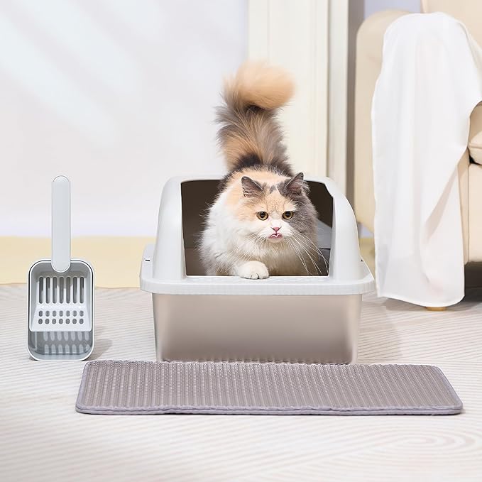 Stainless Steel Cat Litter Box with Lid, 24" L x 16" W x 11.8" H, Extra Large Litter Box for Big Cats with High Sided, Anti-Urine Leakage, Easy Cleaning, Include Cat Mat and Scoop