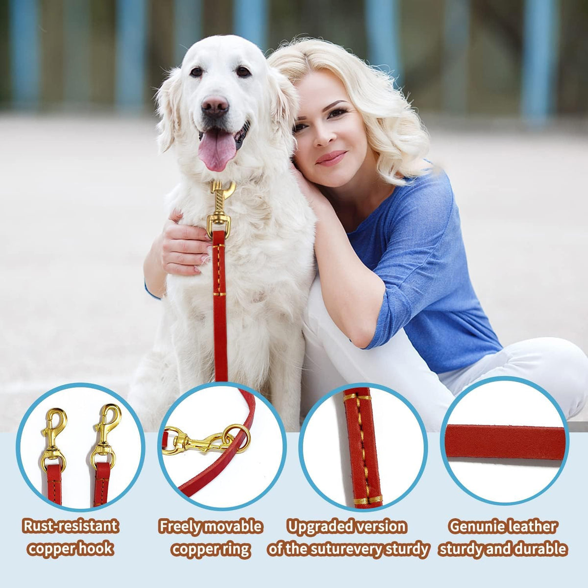 LWBMG Multi Function Leather Dog Leash 8ft Genuine Leather Leash - 8ft x 3/8inch / Red - image 2