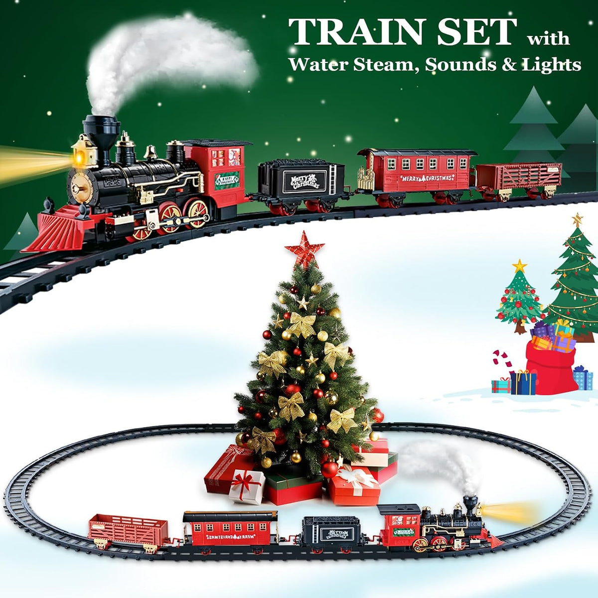 OleFun electric train set with steam locomotive, passenger, coal and freight cars on a circular trac - view 2