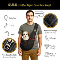 Small Dog Carrier Sling Bag – Hands-Free up to 10 lbs -10.5″ Deep Pouch, Dual Snap-Clip Closure + Drawcord, 4″ Padded Strap, Safety Tether, Zipper Pockets, Machine-Washable