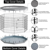 PJYuCien Dog Playpen, 8 Panels 24”H Dog Playpen Indoor with Grey Bottom Pad and Top Cover, Metal Foldable Dog Pen for Indoor Use, Only for Small Medium Animals, Grey