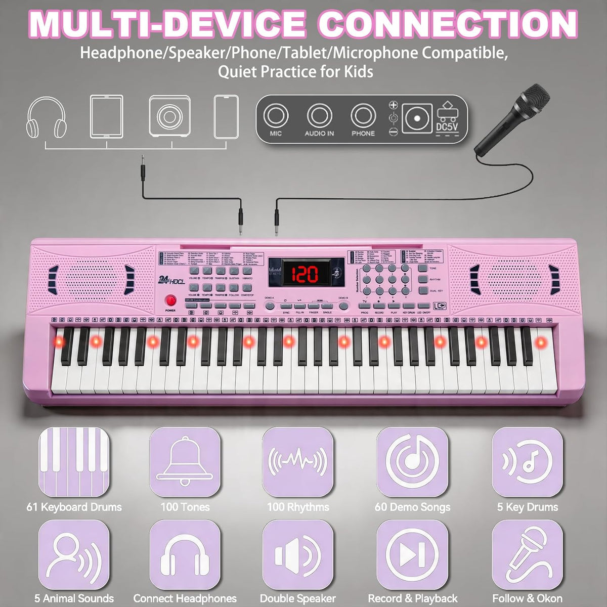 24HOCL pink electronic keyboard piano for kids with 61 lighted keys, LCD screen and microphone - view 7