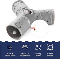 Tempcore Pet Cat Tunnel Tube Cat Toys 3 Way Collapsible, Cat Tunnels for Indoor Cats Fleece-Lined in for Warmth，Kitty Tunnel Bored Pet Toys Peek Hole Toy Ball Puppy, Kitten, Rabbit Gray Sun