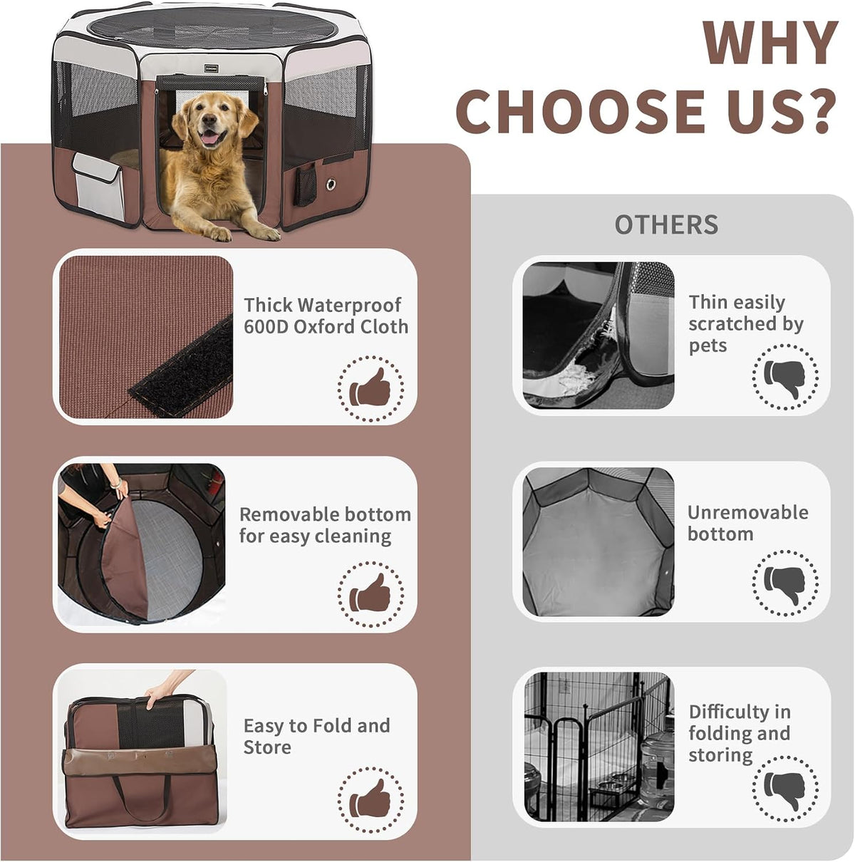 Dog Playpen Portable Pet Play Pens for Small Dog/Cat/Rabbit/Chicks - Brown / 8 / Medium (36"x36"x20") - image 3