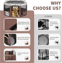 DONORO Dog Playpen 46" Portable Pet Play Pens for Small Medium Dogs, Foldable Exercise Kennel Tent Crate Indoor/Outdoor Travel Camping, Removable Top/Bottom (Brown, Large (46"x46"x23"), 8)