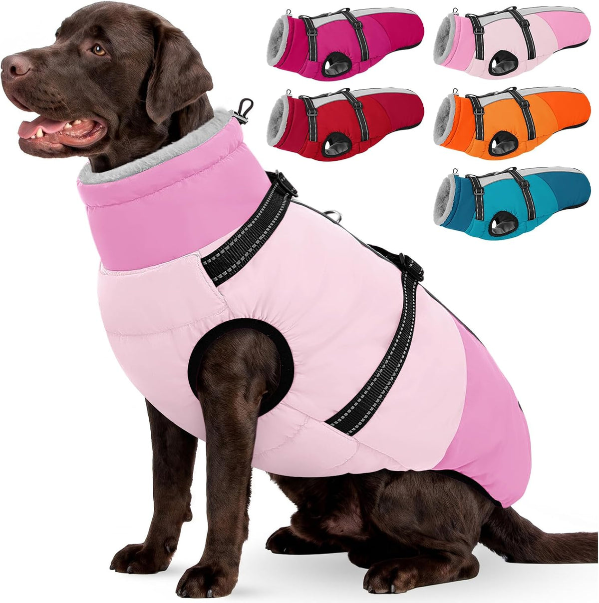 Large Dog Coat Waterproof Dog Winter Jacket with Harness TurquoiseL – Essentials for Dogs - Pink / Large