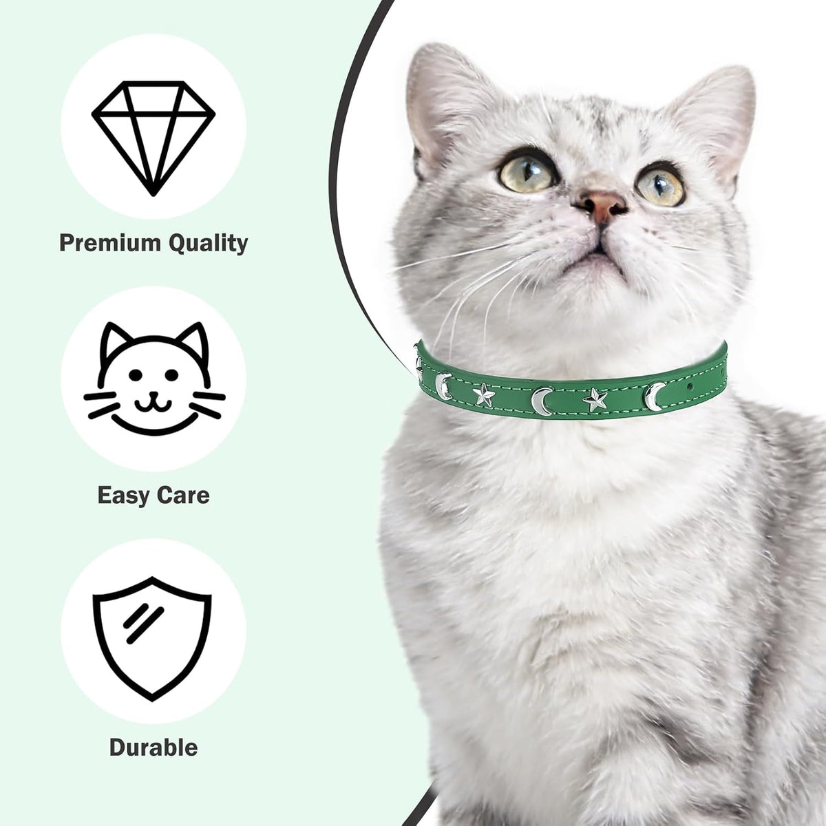 Leather Cat Collar, Breakaway Kitten Collars with Bell, Black – Essentials for Small Pets - Green_Star & Moon / 8"-12" Cats / Mini Dogs(Pack of 1) - image 3