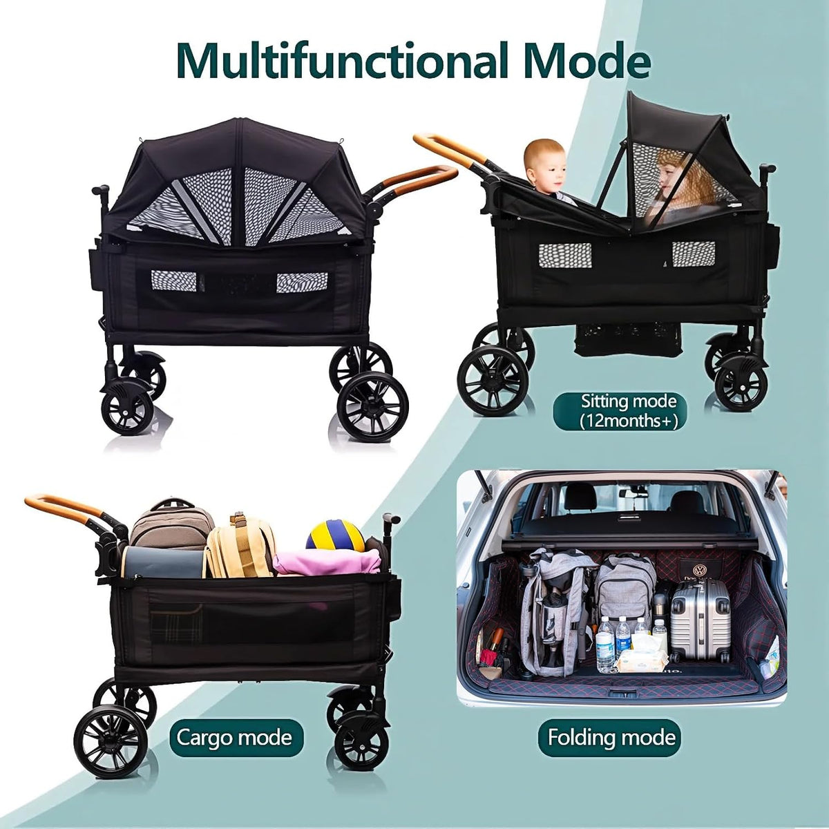 MRZLB Luxury Wagon Stroller for 2 Kids & Cargo-Lightweight Travel - Black - image 2