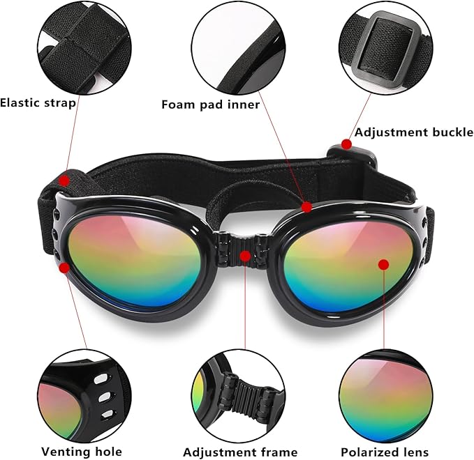 QUMY Dog Sunglasses Dog Goggles for Medium Large Breed Dogs, Wind Dust Fog Protection Eye Wear Pet Glasses with Adjustable Strap for Motorcycle Car Driving Bike Riding Hiking Swimming Over 15lbs Pink