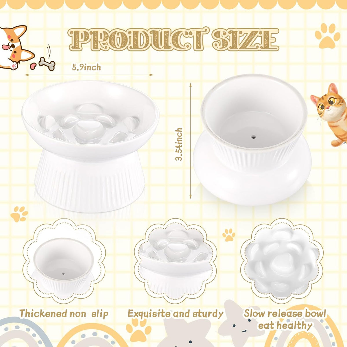 Layhit 2 Pack Raised Slow Feeder Cat Bowls Ceramic Elevated Cat Food - White - image 2