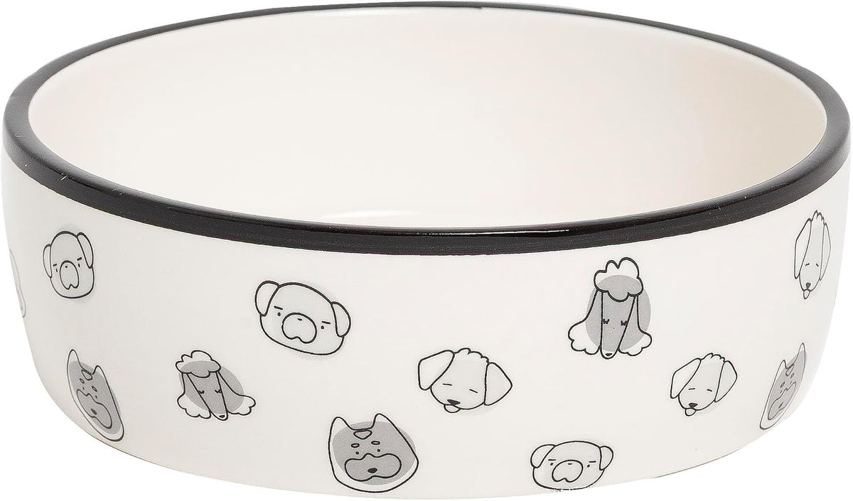 Pearhead Ceramic Dog Bowl, Woof Speckled Pet Food & Water Dish - Gray Dog Faces Bowl / Small