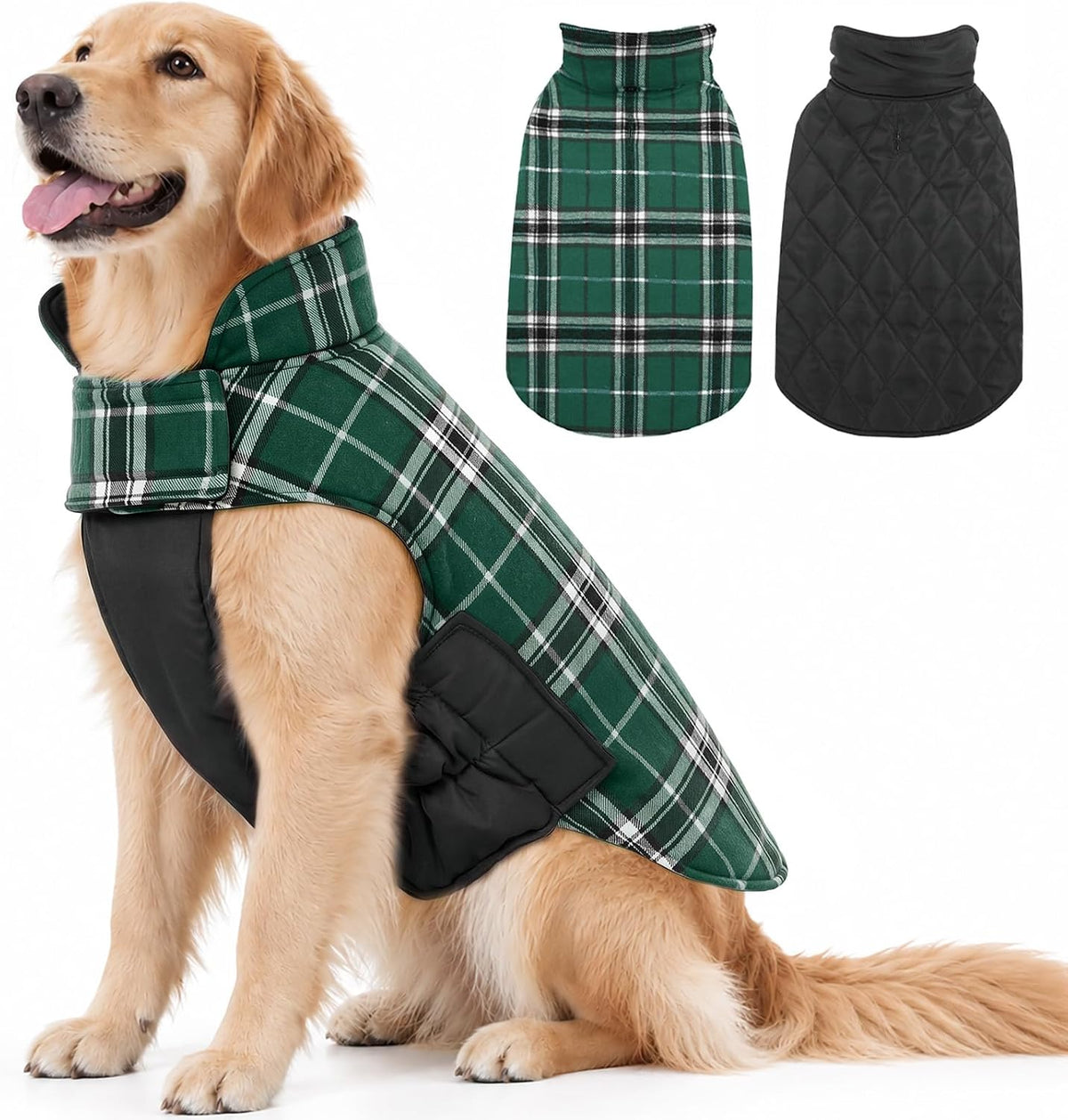 Winter Dog Jackets, Reversible Dog Coat with Leash Hole - Green / 3XL