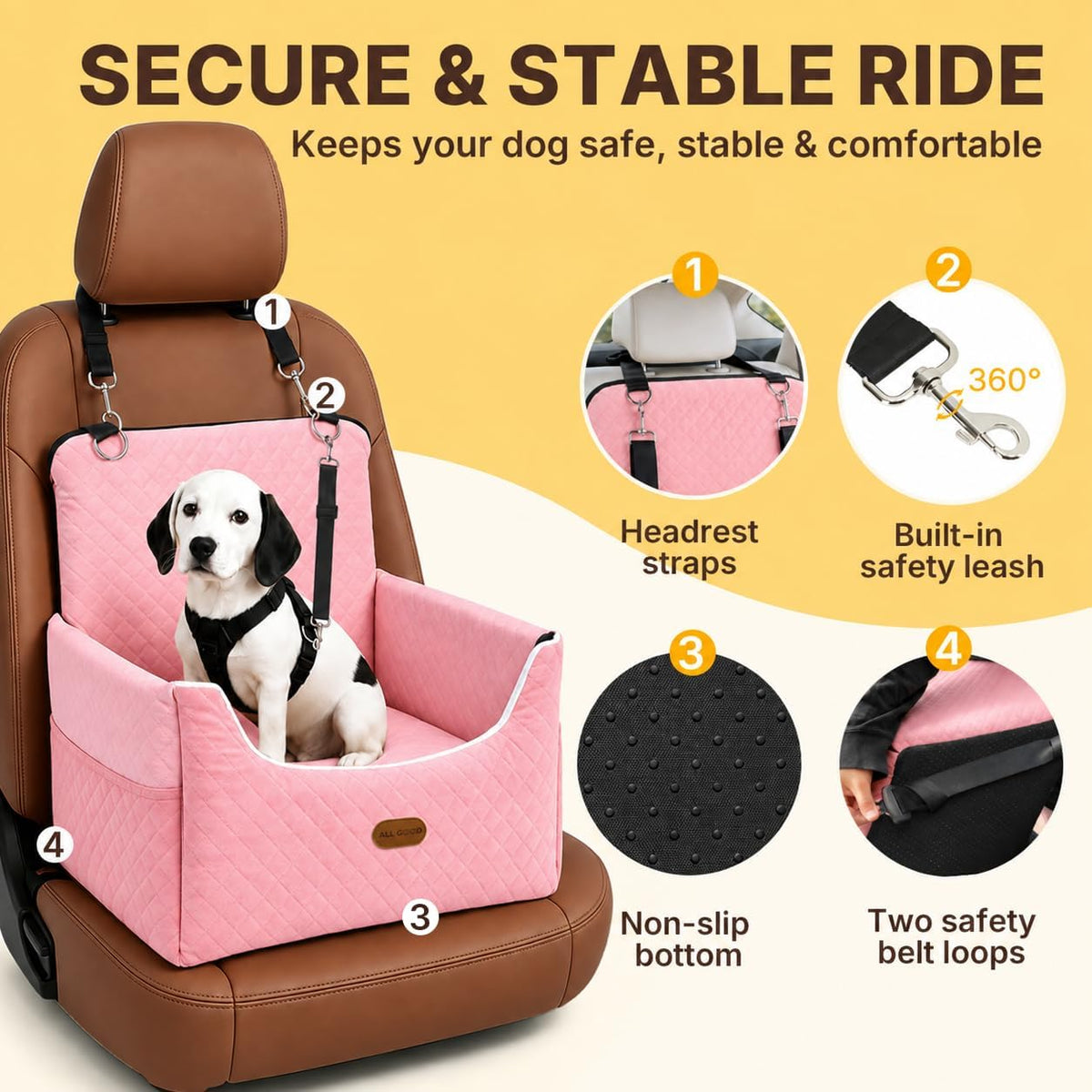 ALL GOOD PET SUPPLIES Dog Car Seat for Small/Medium Dogs Under – Essentials for Dogs - Pink - image 2
