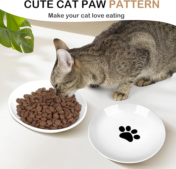 TRUVIC 4 Pack Ceramic Cat Food Bowls, 5.9 Inch Ceramic Cat Dishes Set for Indoor Cats and Small Dogs, Anti Whisker Fatigue Kitten Bowls, Wide Shallow Kitten Plates for Food and Water (Cat's Paw)