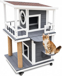 2-Layer Outdoor Cat House with Soft Mat - Grey White