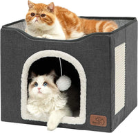 Bedsure Cat House Bed for Indoor Cats with Fluffy Ball and Scratch Pad - Dark Grey / Single