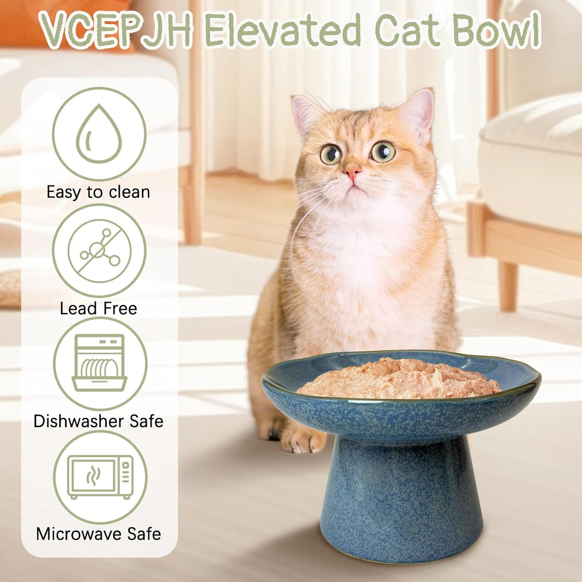 VCEPJH Elevated Cat Bowls 6.1in Wide Shallow Ceramic Raised Food Dish – Essentials for Cats - Blue(Pack of 2) - image 3