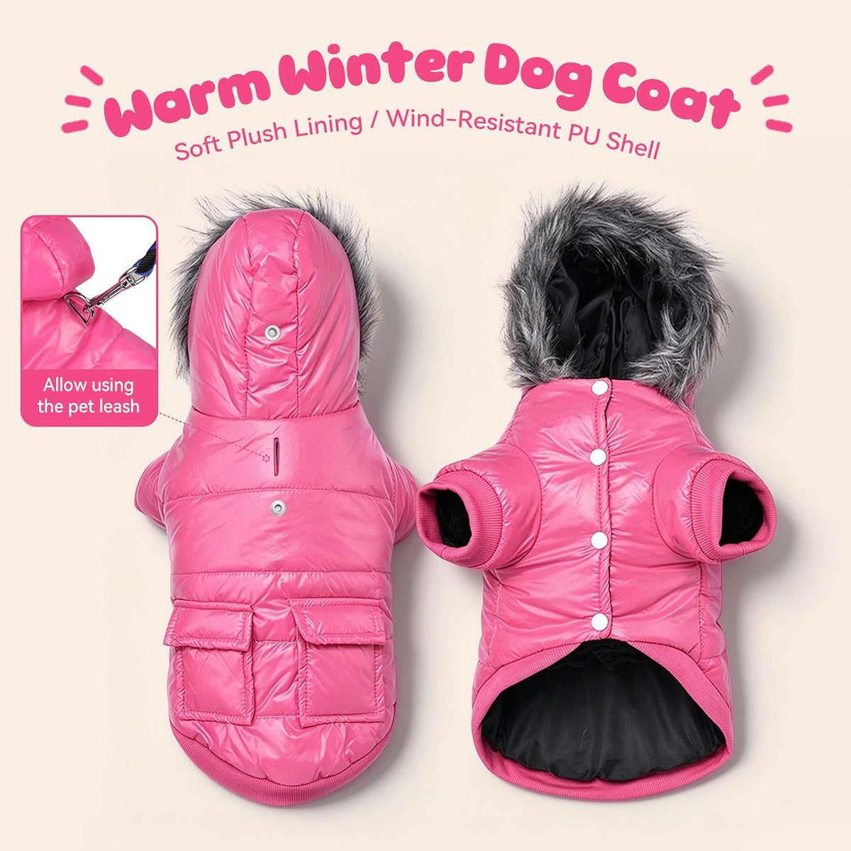 Dog Coat for Small Dogs, Windproof Doggie Puffer Jacket with Leash Hole, Extra Warm Dog Jacket - Large / Pink - image 2