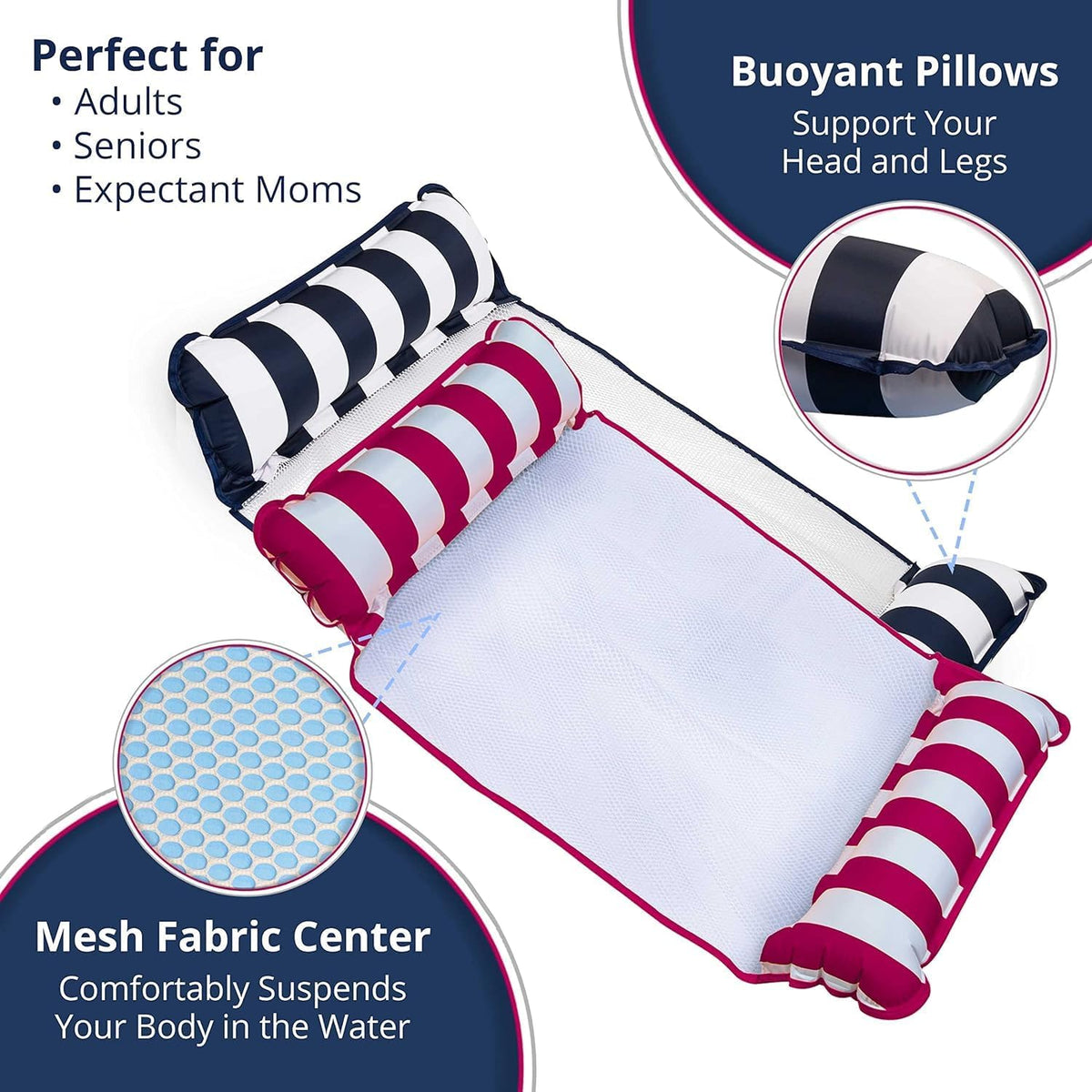 Aqua 4-in-1 Monterey Hammock Pool Float & Water Hammocks - Navy & Burgundy/White Stripe / Monterey Hammock / 2 Pack - image 3