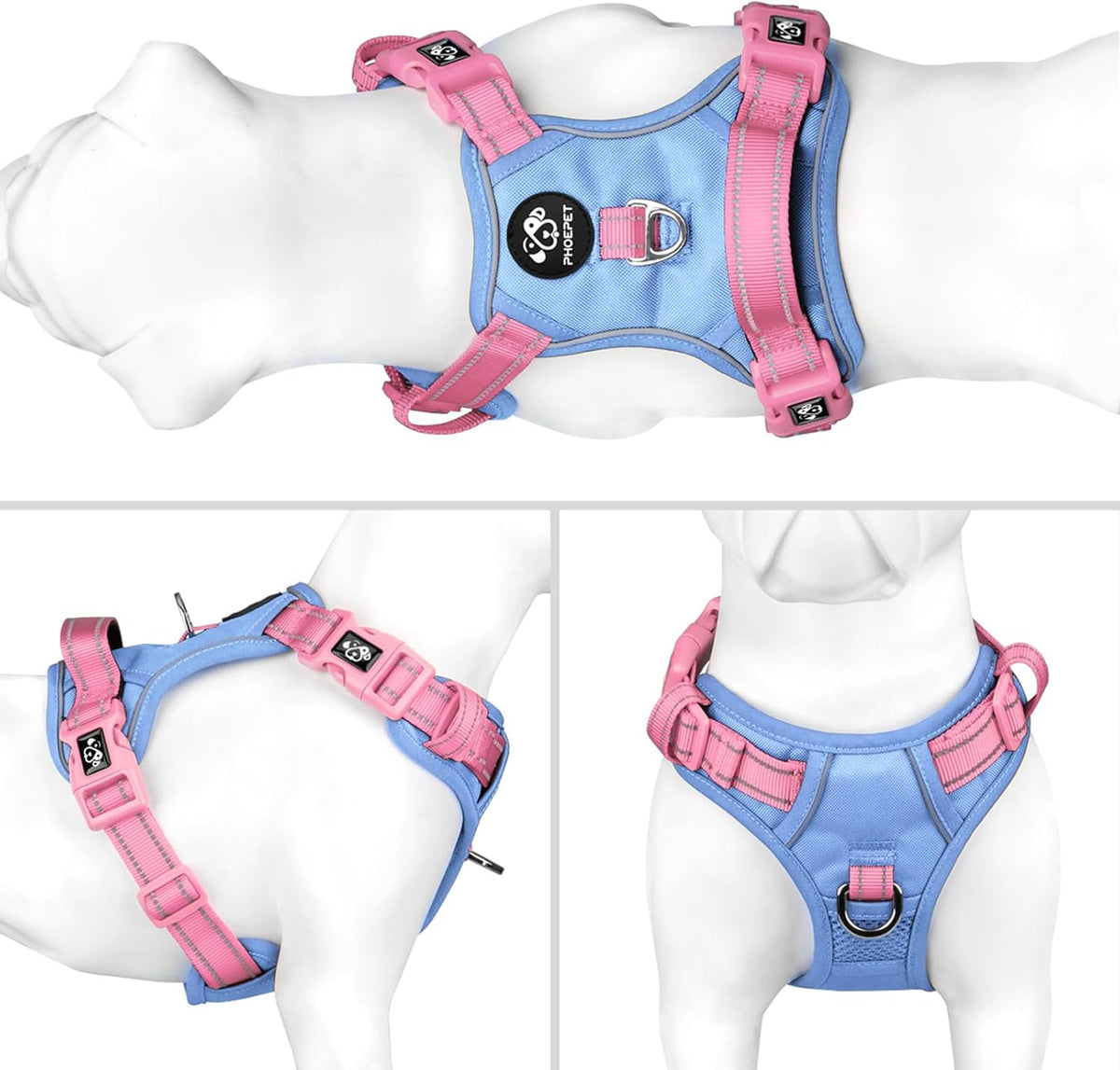 PHOEPET Upgraded No Pull Dog Harness, Reflective Adjustable Vest – Essentials for Dogs - Baby Blue Base & Pink Straps / Extra Large - image 2