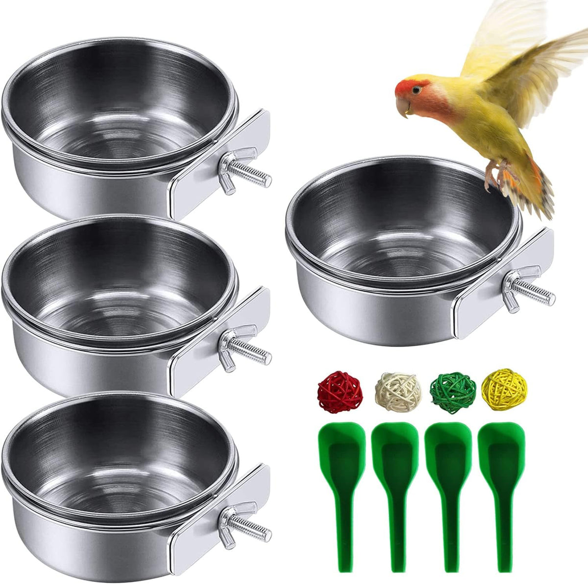 Parrot Feeding Dish Cups,Stainless Steel Bird Food Water Bowl Parakeet Feeder Birds Cage Ball Toys - 【4 PCS】 / 【S:3.9x1.6 Inches】
