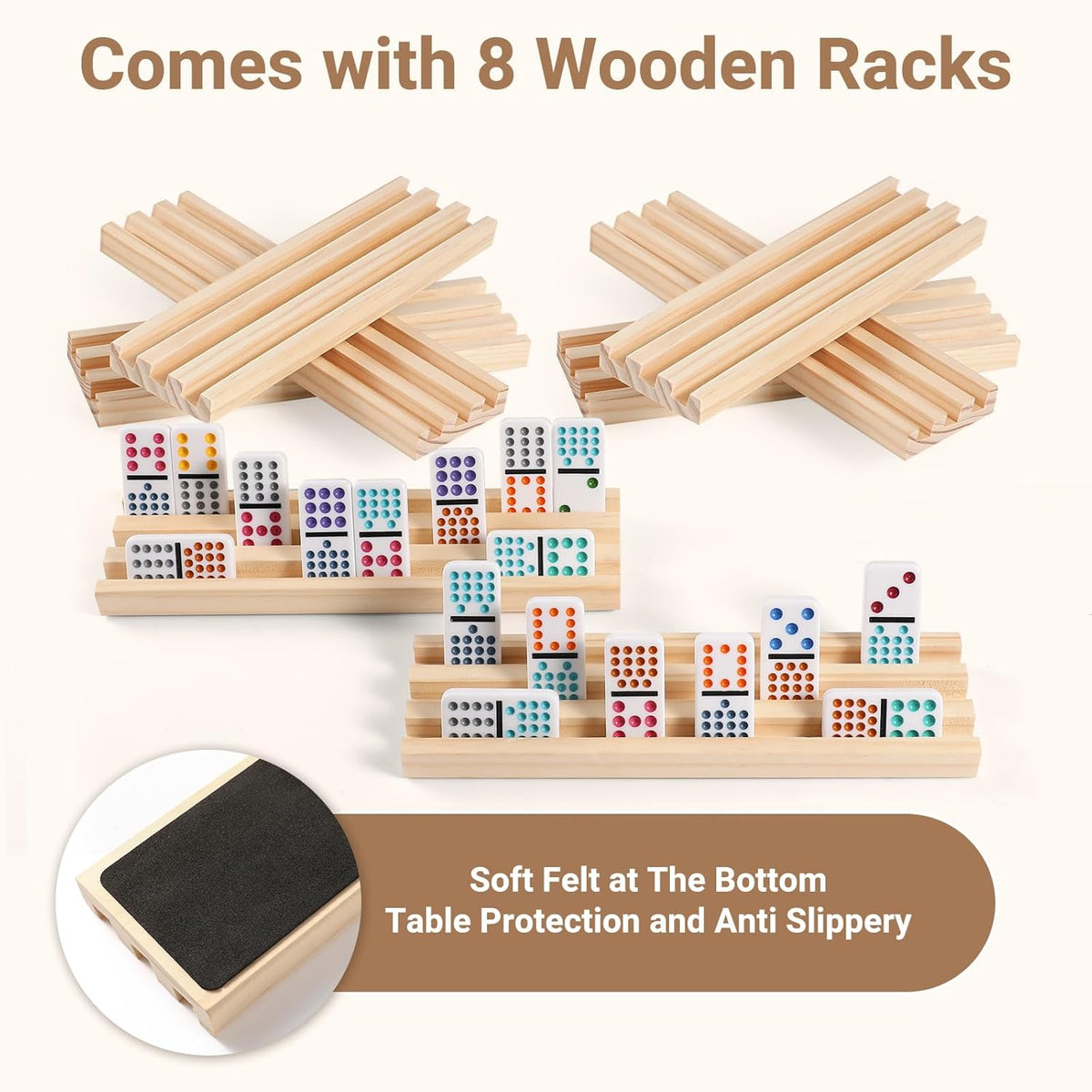 Mexican Train Dominoes Set with Numbers and 4 Wooden Trays/Racks - D15 Dot 8 Players - image 2