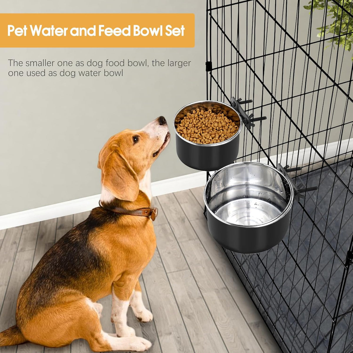 2 Pcs Stainless Steel Small Dog Crate Food Water Bowl - L (77 & 45 OZ) / Black - image 3