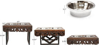 Elevated Pet Feeder for Dogs and Cats - The Bali Carved Wood Pet Feeding Stand with Two Stainless Steel Bowls - Three Heights Adjustable Raised Dog Bowl - Food Water Pet Feeding Station - IRONGATE