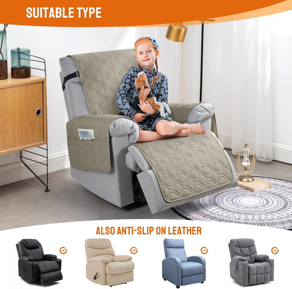 VANSOFY 100% Waterproof Recliner Chair Covers - Khaki / 30" - image 4