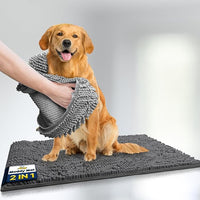 Muddy Mat® 2-in-1 Set: AS-SEEN-ON-TV Grey Microfiber Door Mat (30"X19") & Doggy Dryer Plush Shammy Towel - Non-Slip, Washable & Highly Absorbent Solutions for Soggy Paws & Clean Floors