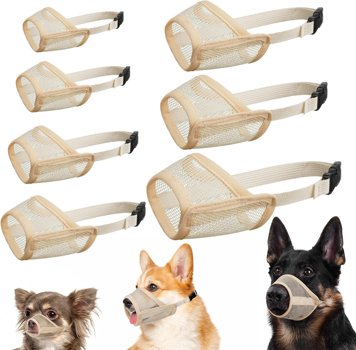 Mesh Dog Muzzle Suits for Small Medium Large Dogs Dog Muzzle Set – Essentials for Dogs - Beige / Full Size 7 PCS(XXS-XXL)