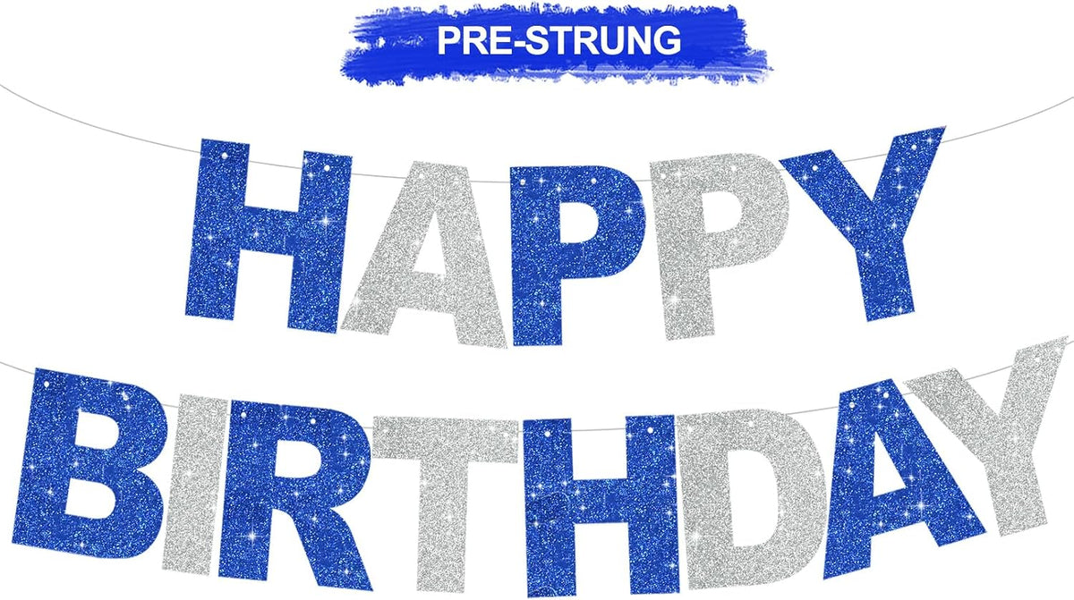 BEISHIDA Pre-Strung Glitter Pink Happy Birthday Banner Party Sign - Blue Silver