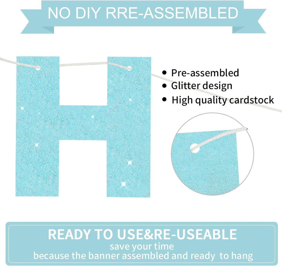 BEISHIDA Pre-Strung Glitter Pink Happy Birthday Banner Party Sign - Light Blue - image 3
