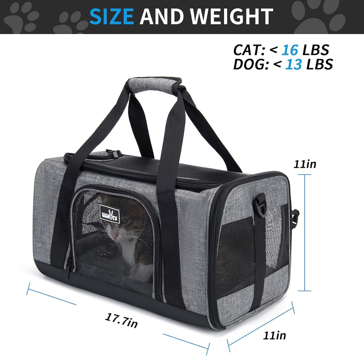 Wakytu TSA & Airline Approved Soft Pet Carrier for Cats/Dogs - 17.7"L x 11.0"W x 11.0"H / 1.0 Grey - image 2