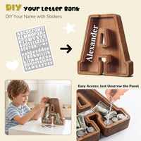 KMC wooden letter piggy bank, oak initial coin bank with clear plexiglass front - view 16