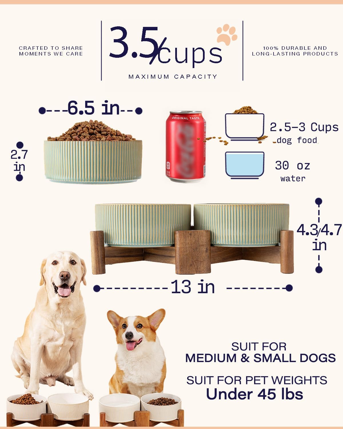 Ceramic Dog Bowls Set with Acacia Wood Stand - Large-3.5Cups / Vintage Grey - image 2