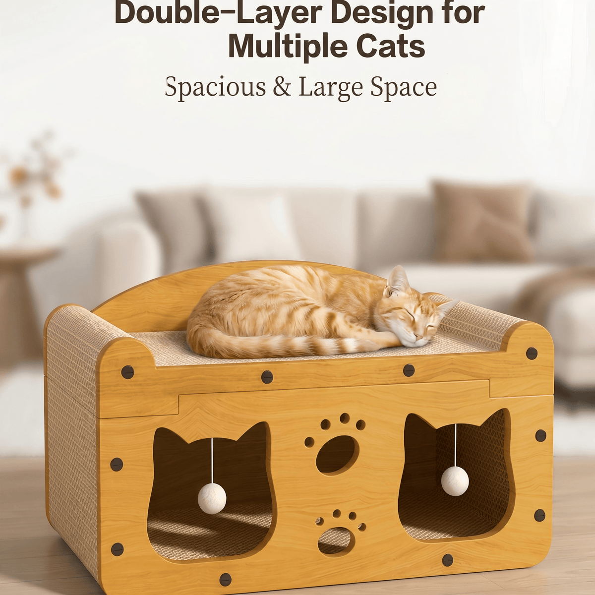 Multi-Style Double-Layer Cat Scratcher House, 2-Tier Large Cat Villa Bed With Corrugated Cardboard, Interactive Hanging 