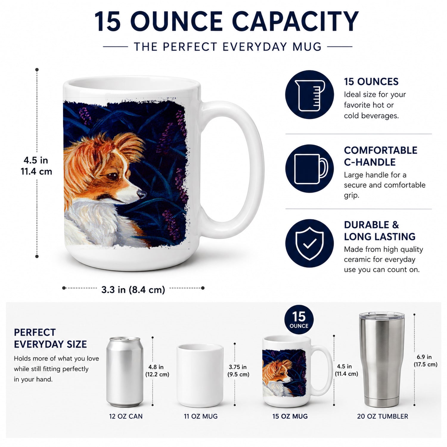 Papillon Ceramic Coffee Mug 15 oz Decorative Large C Handle Mug Cup for Tea, Cocoa Hot Chocolate