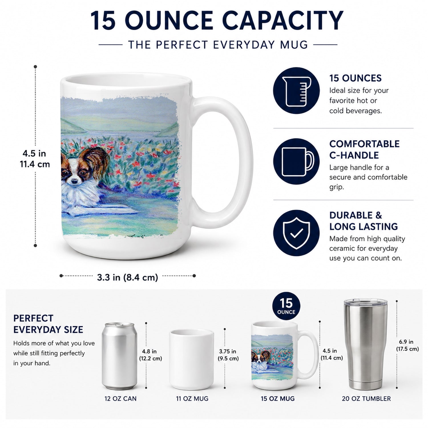 Papillon Ceramic Coffee Mug 15 oz Decorative Large C Handle Mug Cup for Tea, Cocoa Hot Chocolate