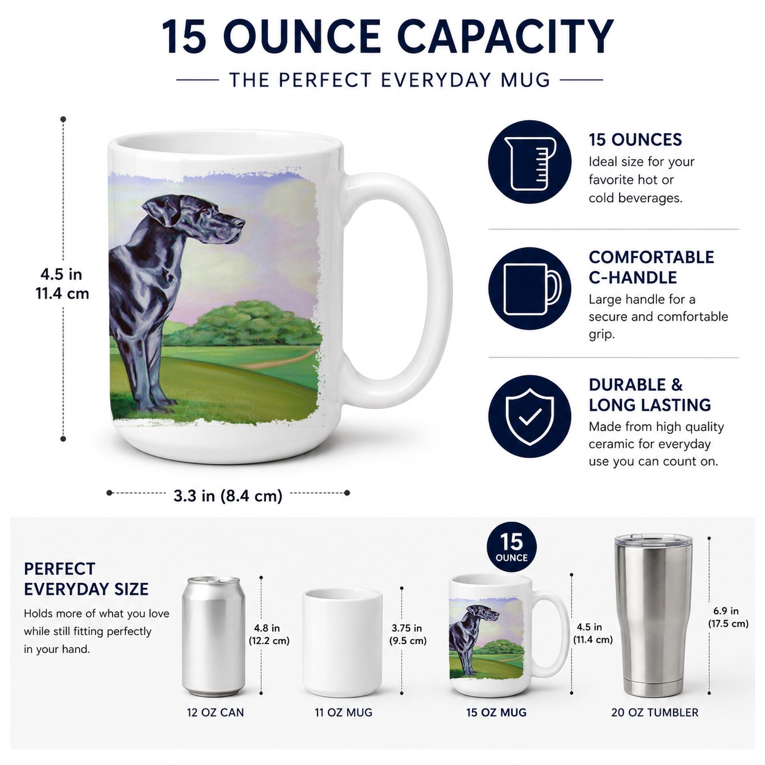 Great Dane Ceramic Coffee Mug 15 oz Decorative Large C Handle Mug Cup for Tea, Cocoa Hot Chocolate