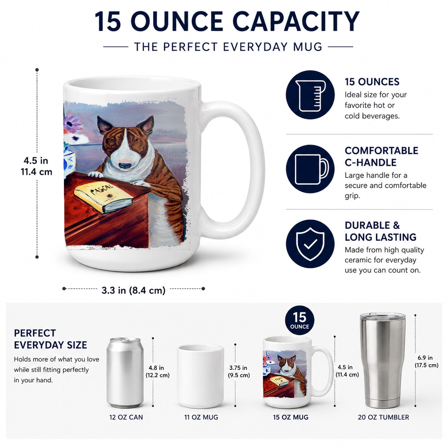Bull Terrier Ceramic Coffee Mug 15 oz Decorative Large C Handle Mug Cup for Tea, Cocoa Hot Chocolate