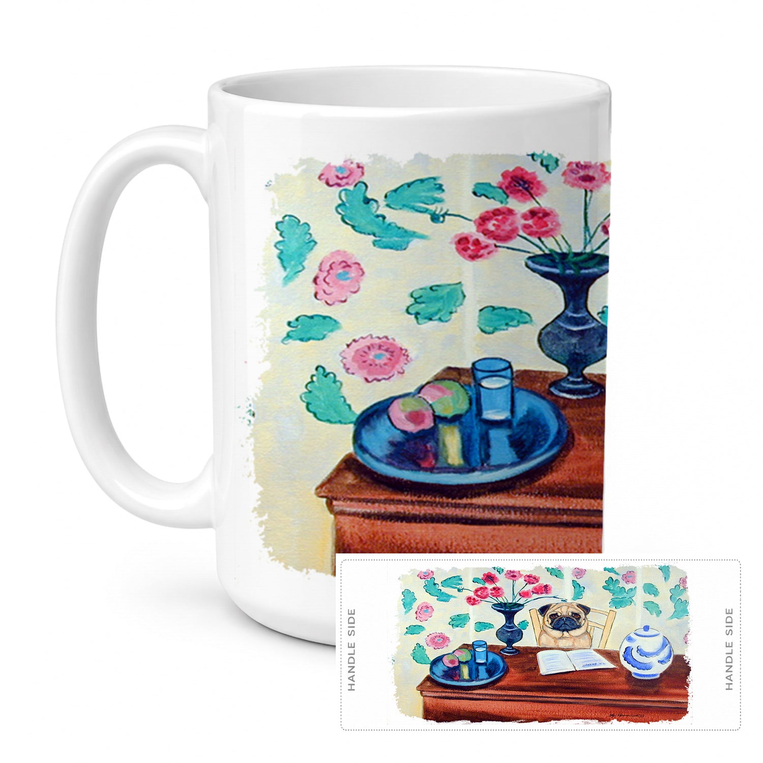 Pug Ceramic Coffee Mug 15 oz Decorative Large C Handle Mug Cup for Tea, Cocoa Hot Chocolate